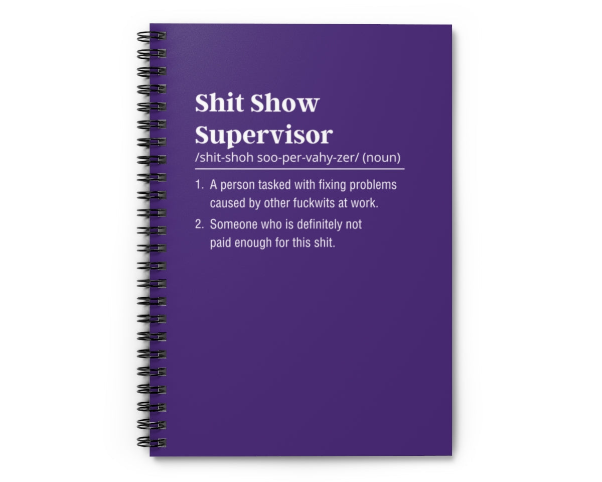 Purple sarcastic work notebook – Shit Show Supervisor – Corporate humor journal for office survival