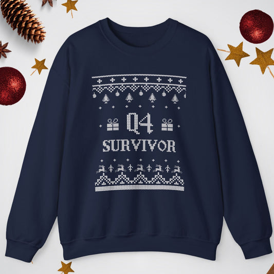 Navy blue sweatshirt with 'Q4 Survivor' text on a white background with Christmas decorations.