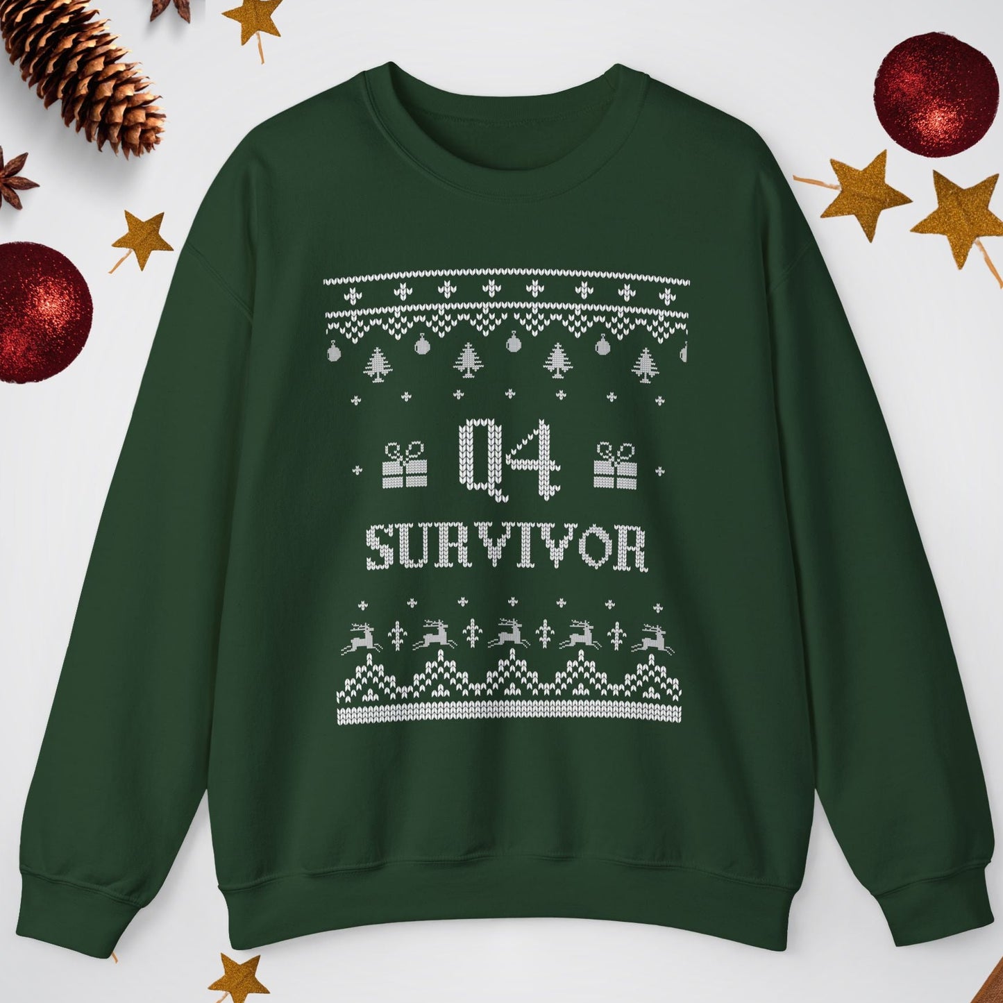 Green sweatshirt with 'Q4 Survivor' text and Christmas-themed design on a white background with festive decorations.