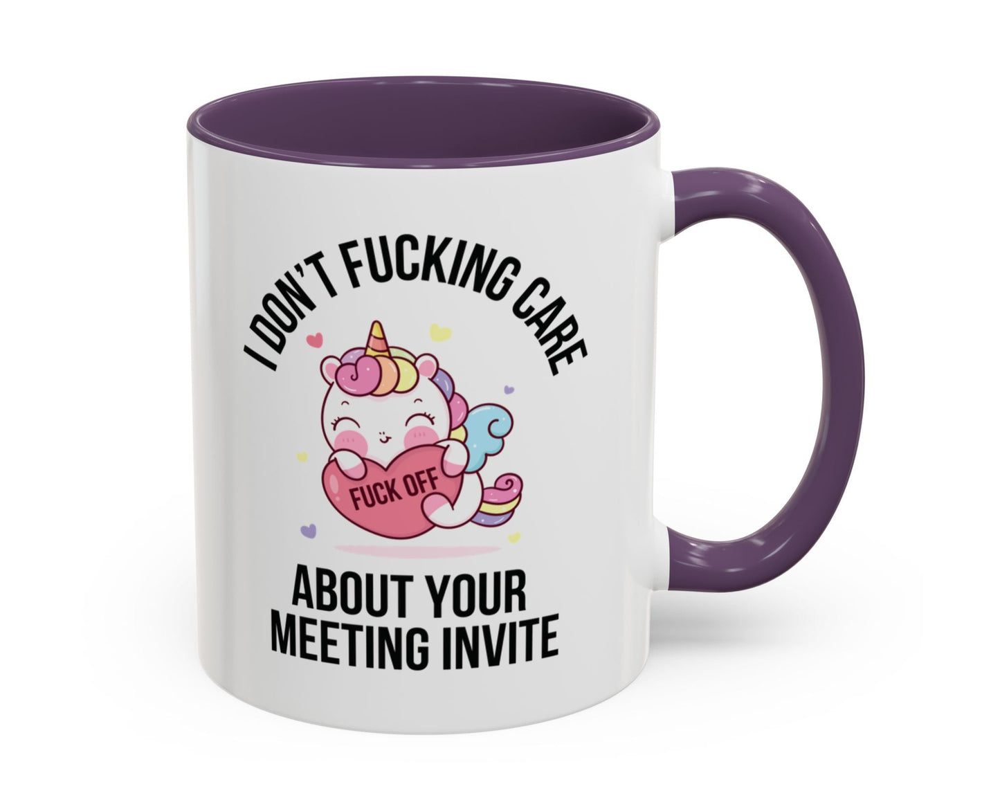 Rude corporate gift mug – sarcastic unicorn saying 'Fuck Off' in purple 11oz version