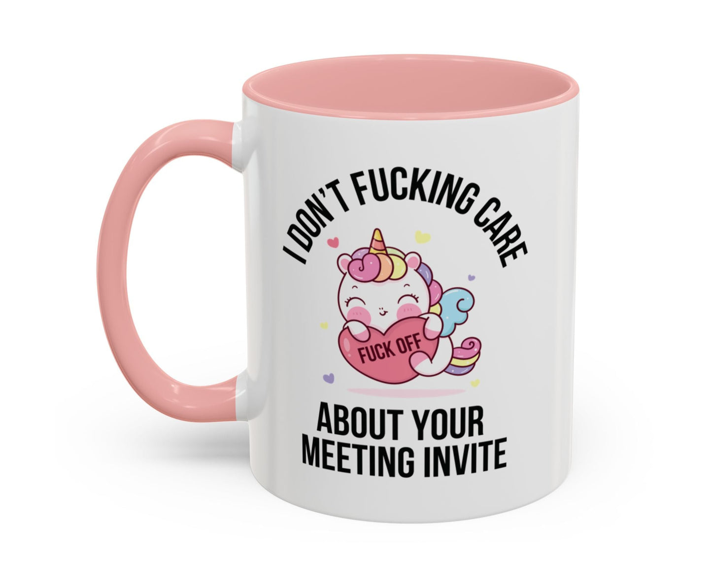 Rude corporate gift mug – sarcastic unicorn saying 'Fuck Off' in pink 11oz version