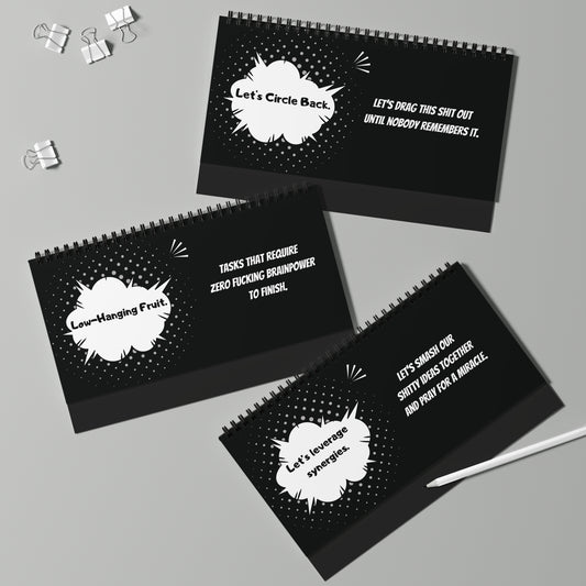 Three black pages with white text and designs on a gray background