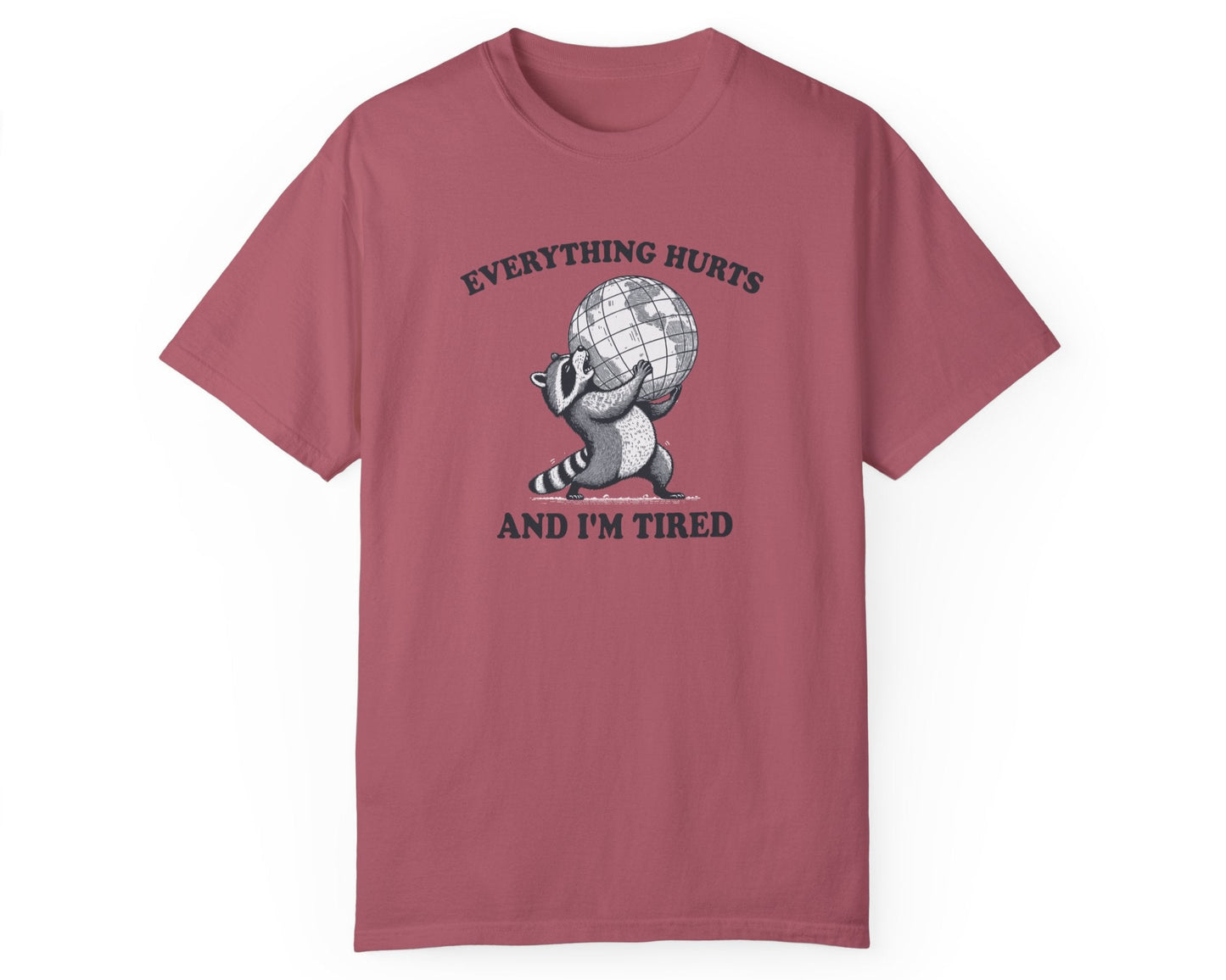 Tired and exhausted raccoon corporate humor tee in crimson – great gift for coworkers