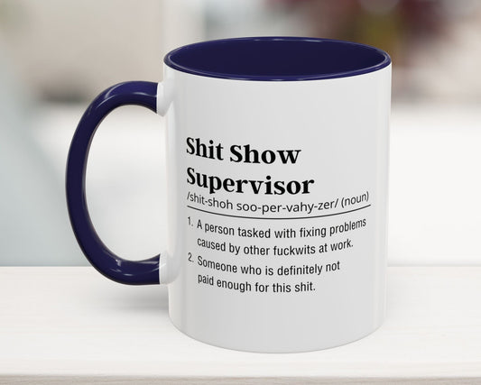 Navy blue sarcastic mug – Shit Show Supervisor – Corporate humor gift for work besties and managers