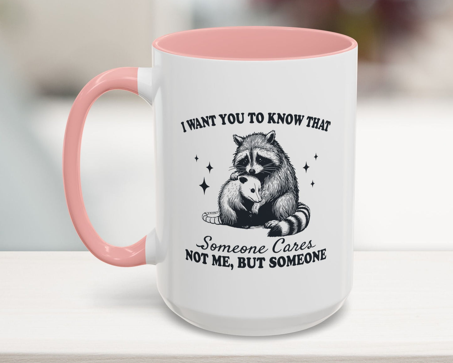 Pink 15oz funny mug with raccoon hugging possum – sarcastic gift for coworker