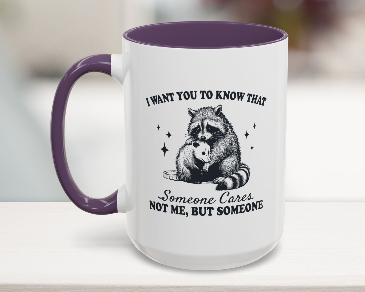 Purple 15oz passive-aggressive mug with hugging animals – workplace humor