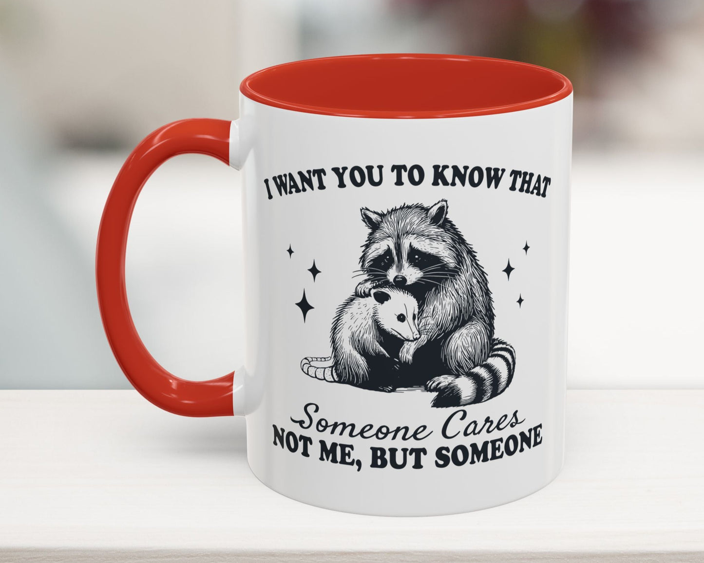 Red 11oz mug with possum and raccoon art – sarcastic corporate humor