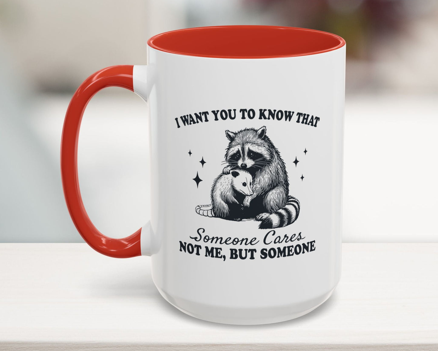 Red 15oz coffee mug with “Someone Cares” quote – office gag gift