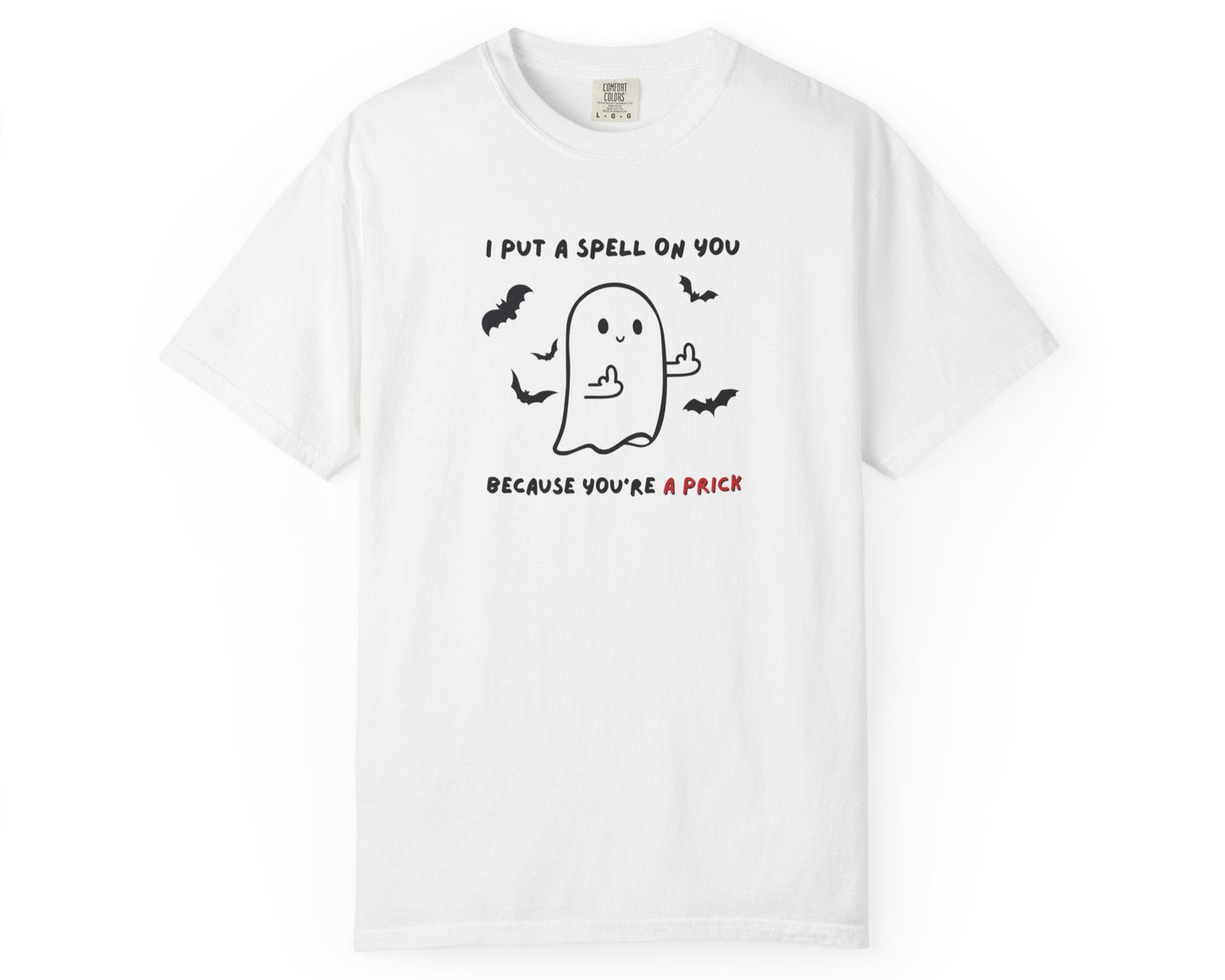 White t-shirt with a ghost graphic and text on a white background