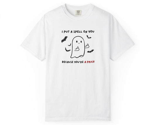 White t-shirt with a ghost graphic and text on a white background