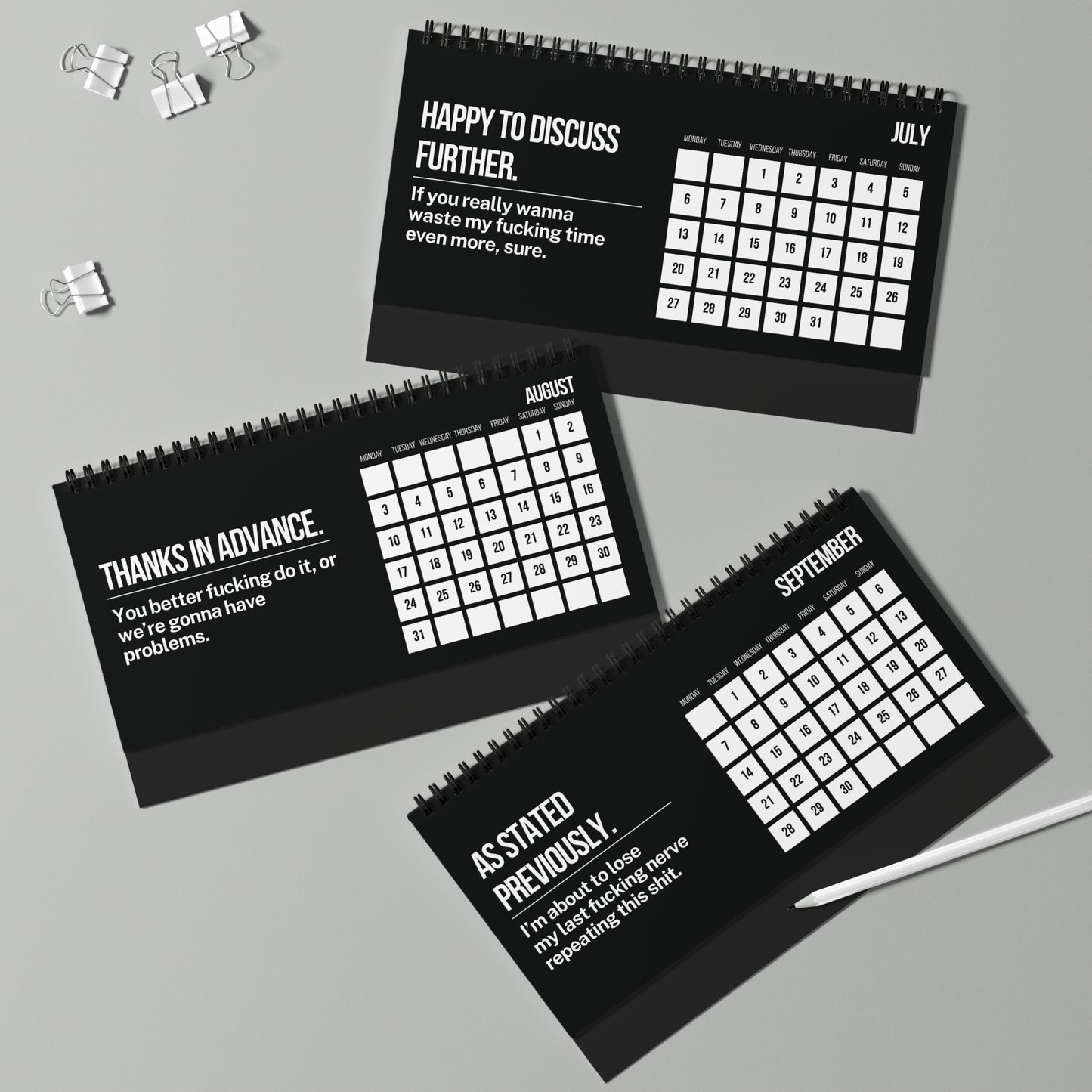 Three black calendars with white text on a gray background
