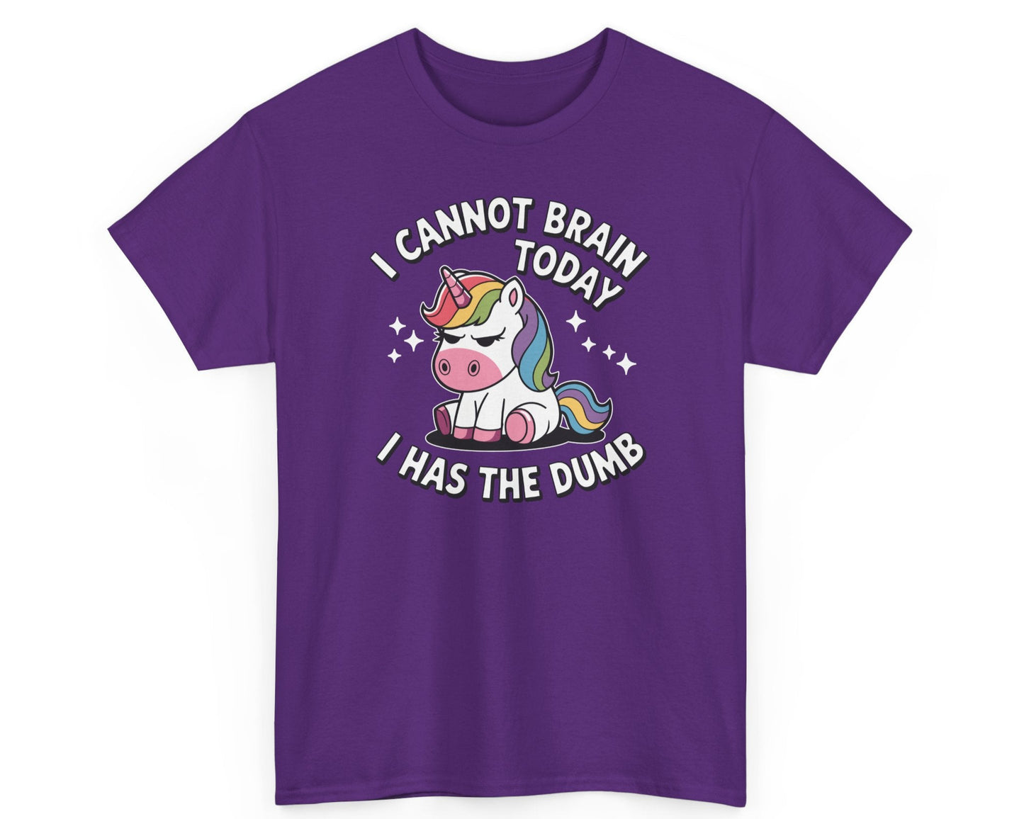 Purple unisex tee featuring a unicorn with the 'I Cannot Brain Today' phrase, perfect for those laid-back office Fridays.