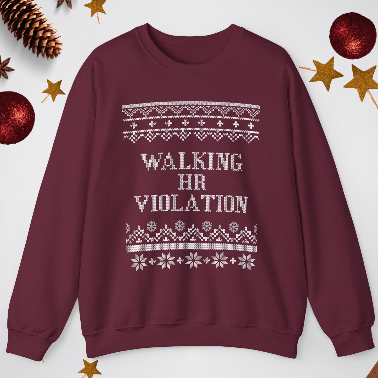 Maroon sweatshirt with 'Walking HR Violation' text on a white background with Christmas decorations.