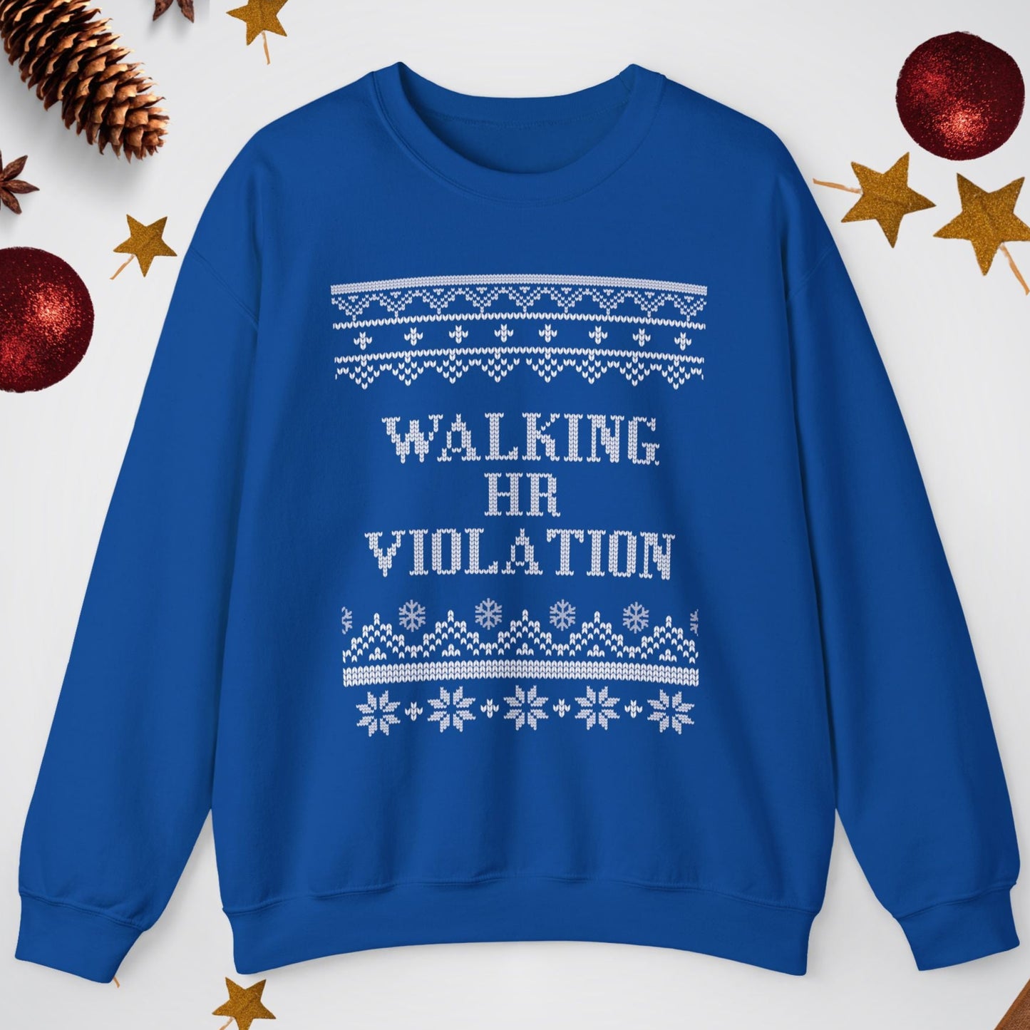 Blue sweatshirt with 'Walking HR Violation' text on a white background with decorative elements.