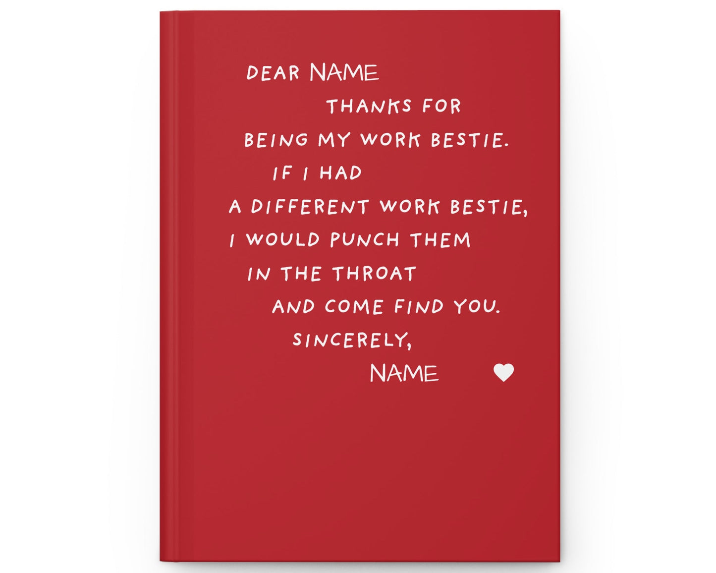 Red notebook with white text on a white background