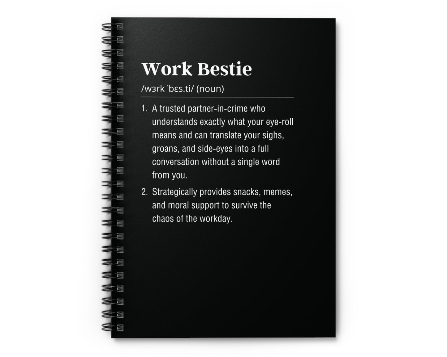 Black notebook with white text on a white background