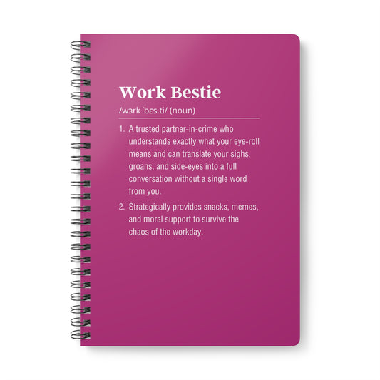 Pink notebook with 'Work Bestie' definition text on a white background