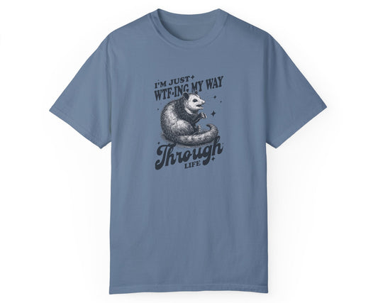 Work-from-home chaos possum T-shirt in blue jean – hilarious gift for coworkers
