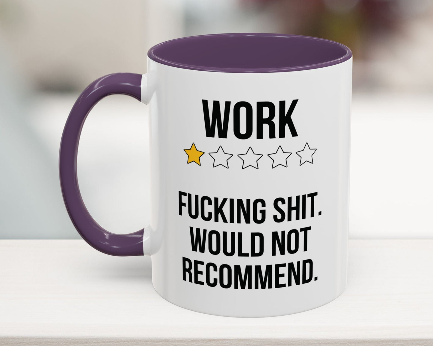 Purple work humor mug with snarky one-star review design Work One-Star Review