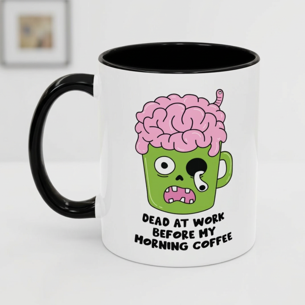 A white ceramic coffee mug with a black handle and black interior, featuring a cartoon graphic of a green coffee cup with a pink brain on top and the text 'DEAD AT WORK BEFORE MY MORNING COFFEE'.
