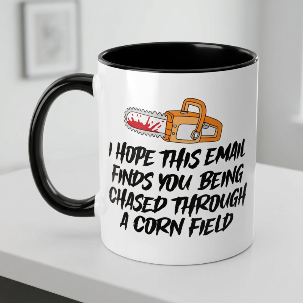 A white ceramic mug with a black handle and black interior, printed with a cartoon chainsaw and the text 'I HOPE THIS EMAIL FINDS YOU BEING CHASED THROUGH A CORN FIELD' in black lettering, sitting on a white surface in a bright indoor setting.
