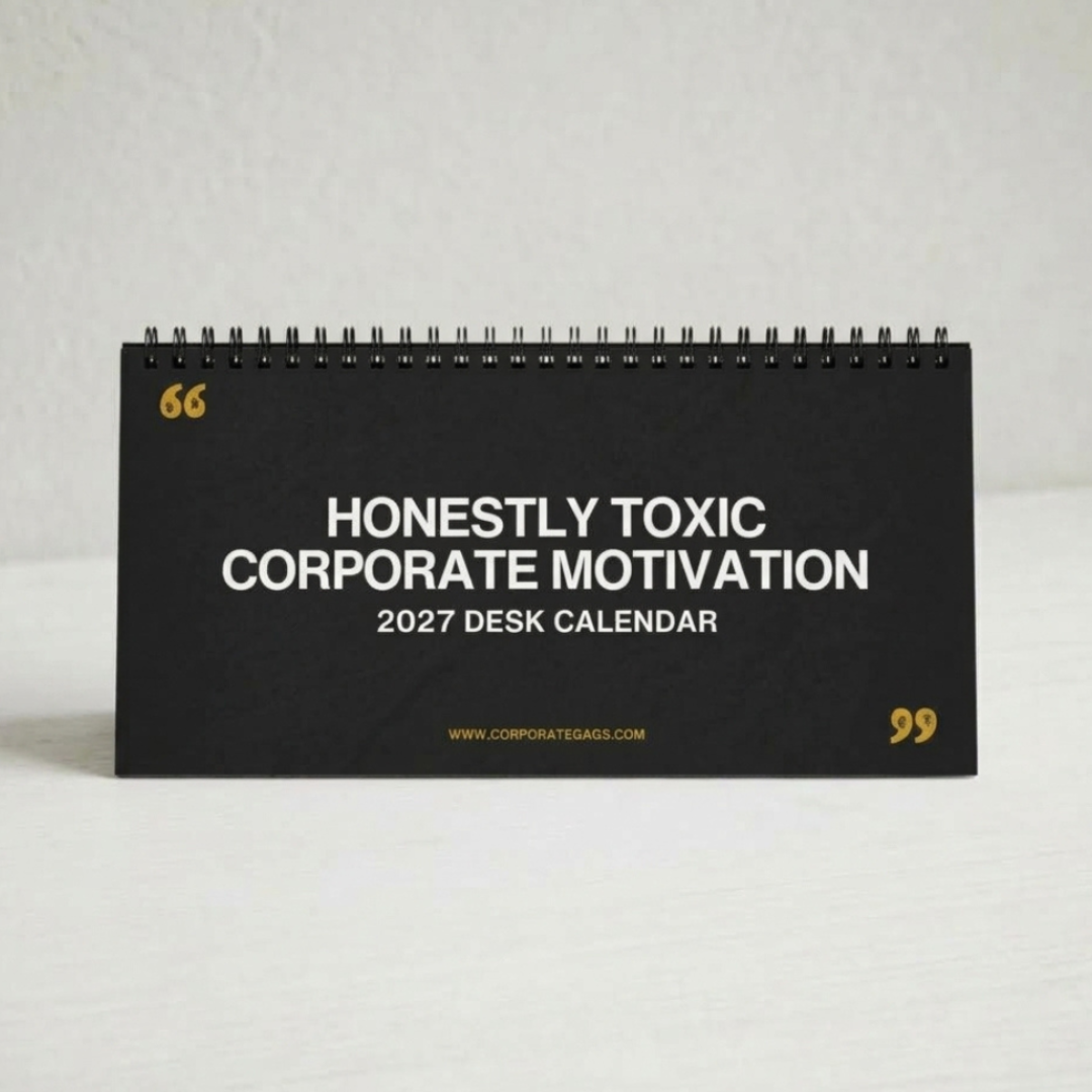 A black spiral-bound 2027 desk calendar standing upright on a light surface against a white wall. The front cover reads 'HONESTLY TOXIC CORPORATE MOTIVATION 2027 DESK CALENDAR' in white text with small gold quote marks and website text near the bottom.