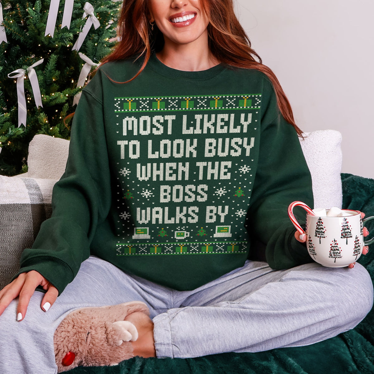 Most Likely to Look Busy When the Boss Walks By Funny Unisex Ugly Christmas Sweatshirt