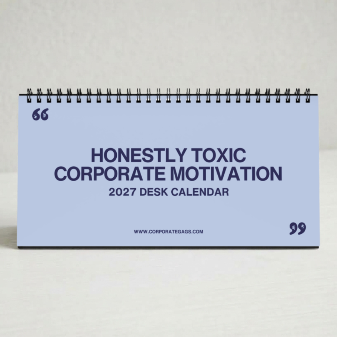 A 2027 desk calendar with a light blue cover and dark navy text reading 'HONESTLY TOXIC CORPORATE MOTIVATION' and '2027 DESK CALENDAR,' photographed standing upright on a light surface against a pale wall.