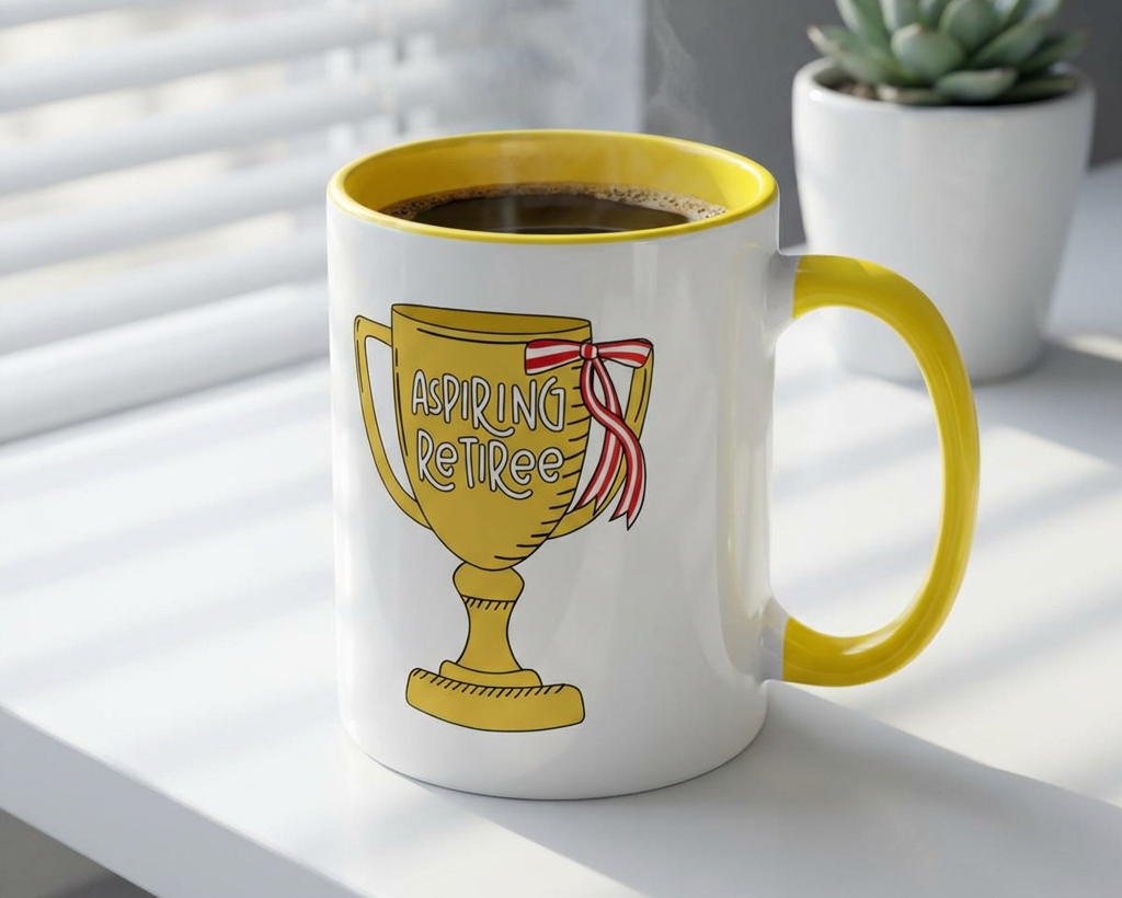 Mug with 'Aspiring Retiree' design on a windowsill with coffee and a plant.