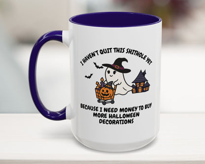 White mug with purple handle and interior, featuring a Halloween-themed ghost design and text.
