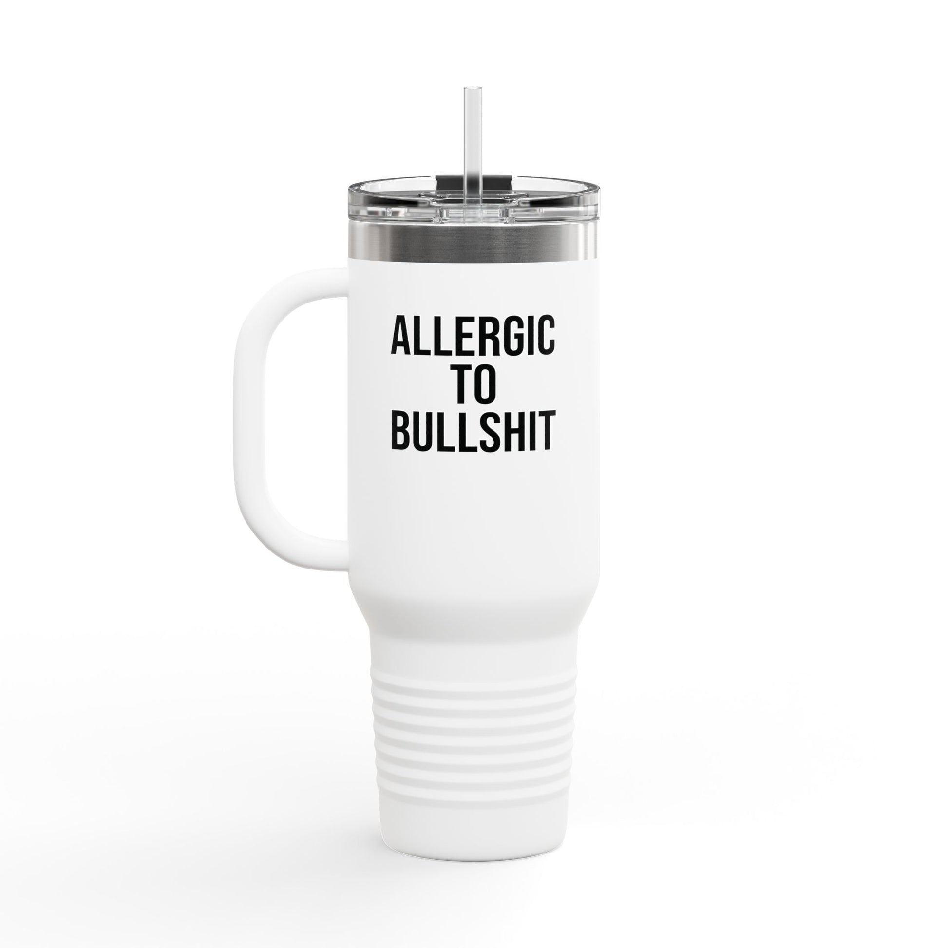 40oz white insulated travel mug with 'Allergic to Bullshit' print. Funny office gift for sarcastic coworkers.