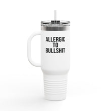 40oz white insulated travel mug with 'Allergic to Bullshit' print. Funny office gift for sarcastic coworkers.