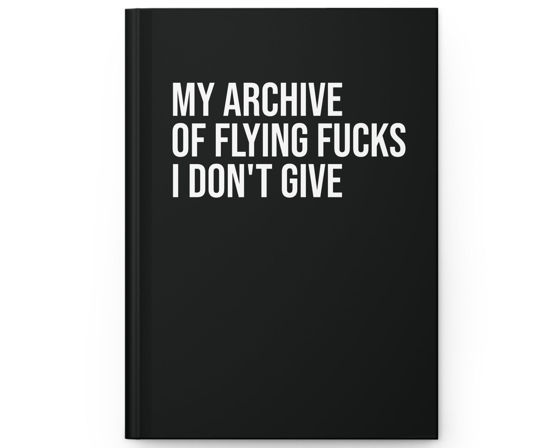 Black notebook with white text on a white background