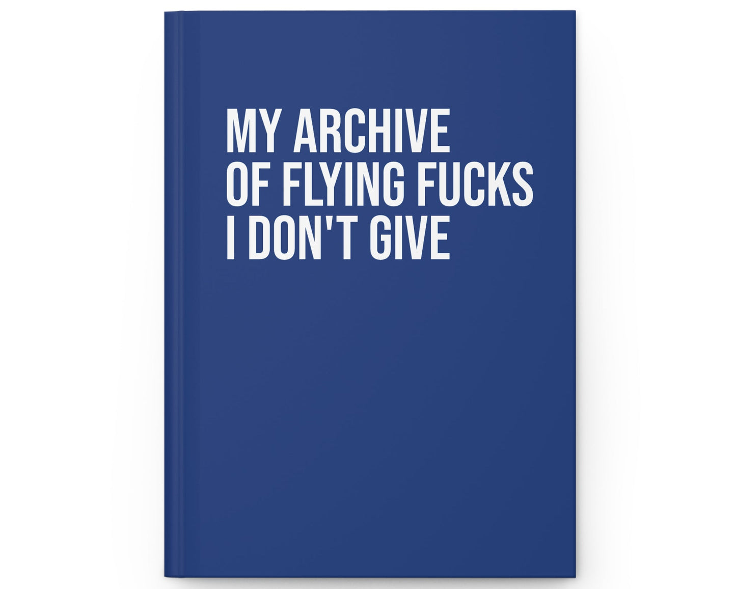 Blue notebook with white text on a white background