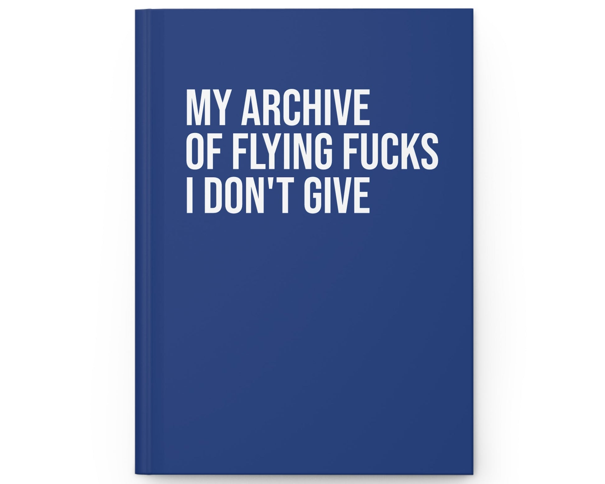 Blue notebook with white text on a white background