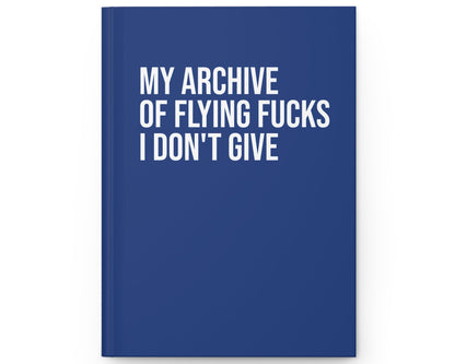 Blue notebook with white text on a white background