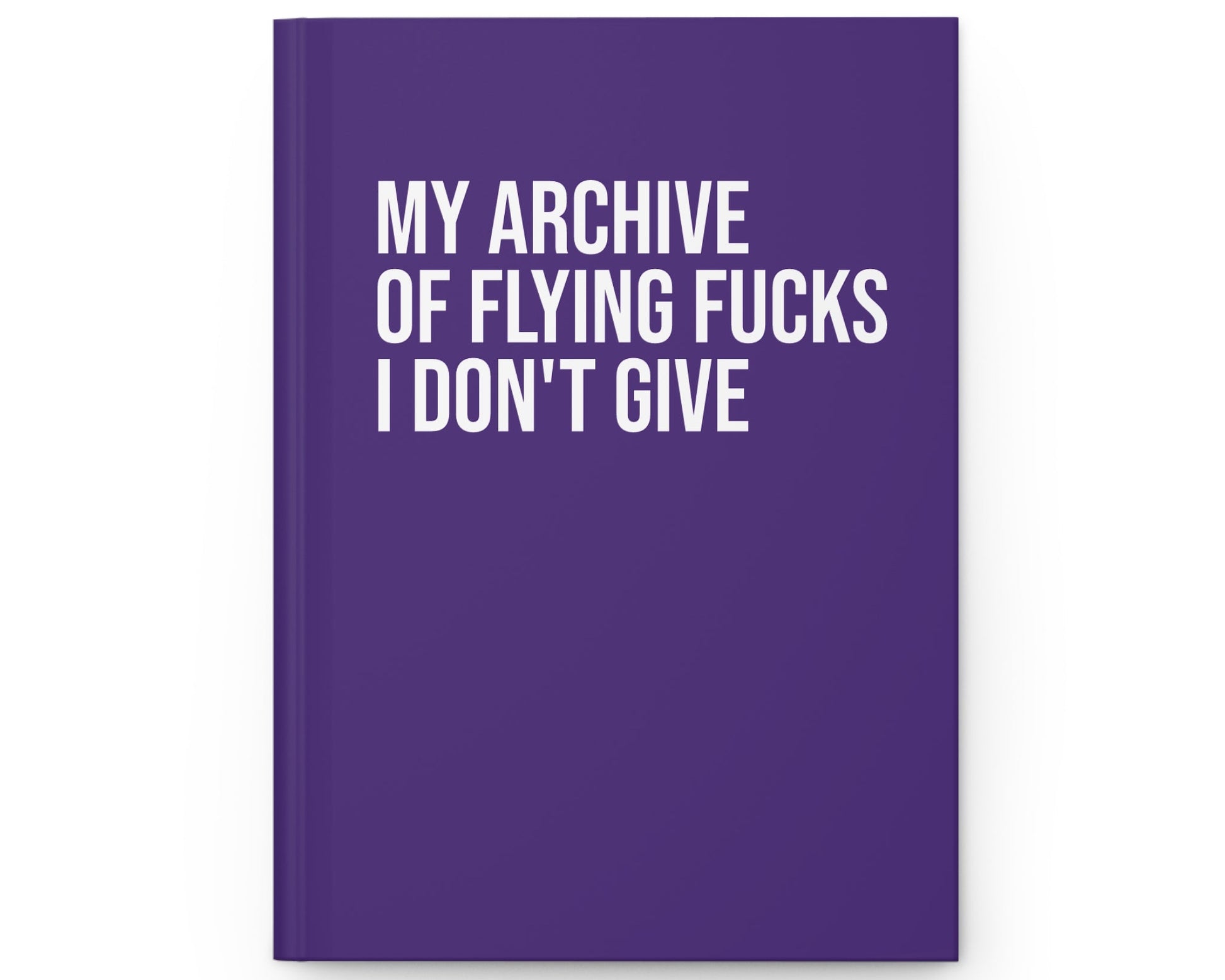 Purple notebook with white text on a white background