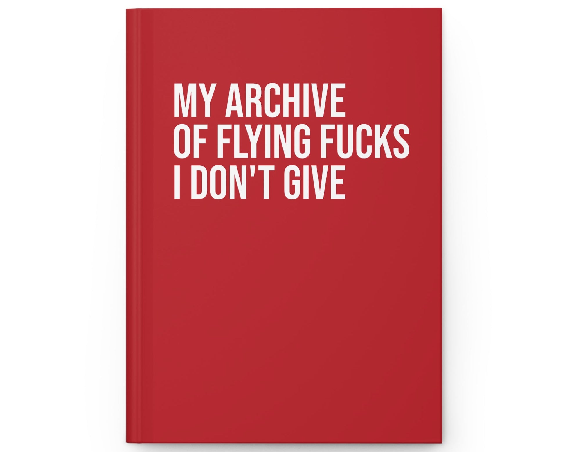 Red notebook with white text on a white background
