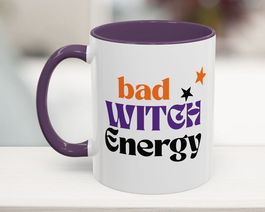 Funny office Halloween mug with “Bad Witch Energy” in purple accent design