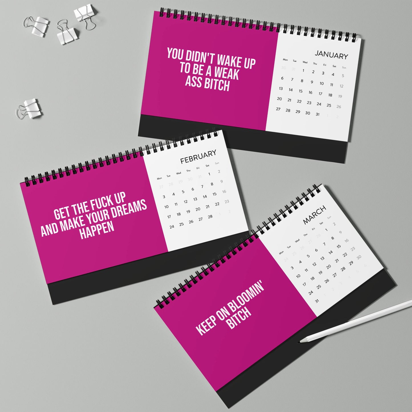 Sweary and inspiring office calendar for corporate women and bosses Q1