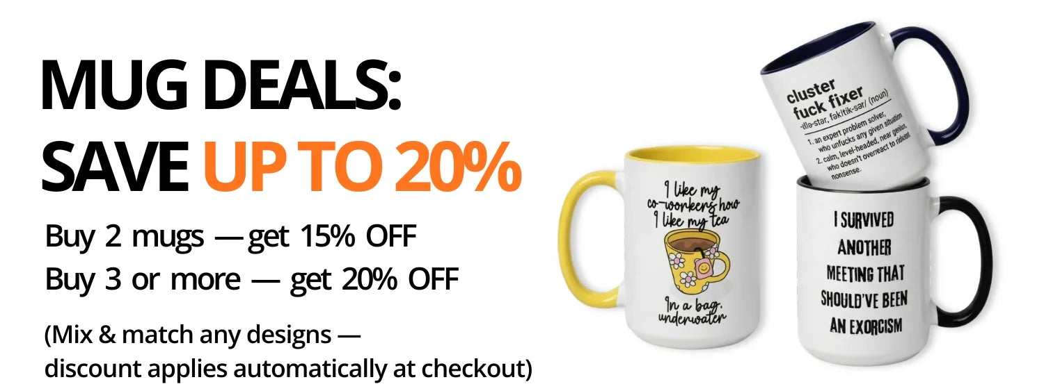 Promotional banner for mug deals with text and images of mugs.