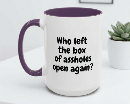 White mug with purple handle and interior, featuring text on a white surface with a plant in the background