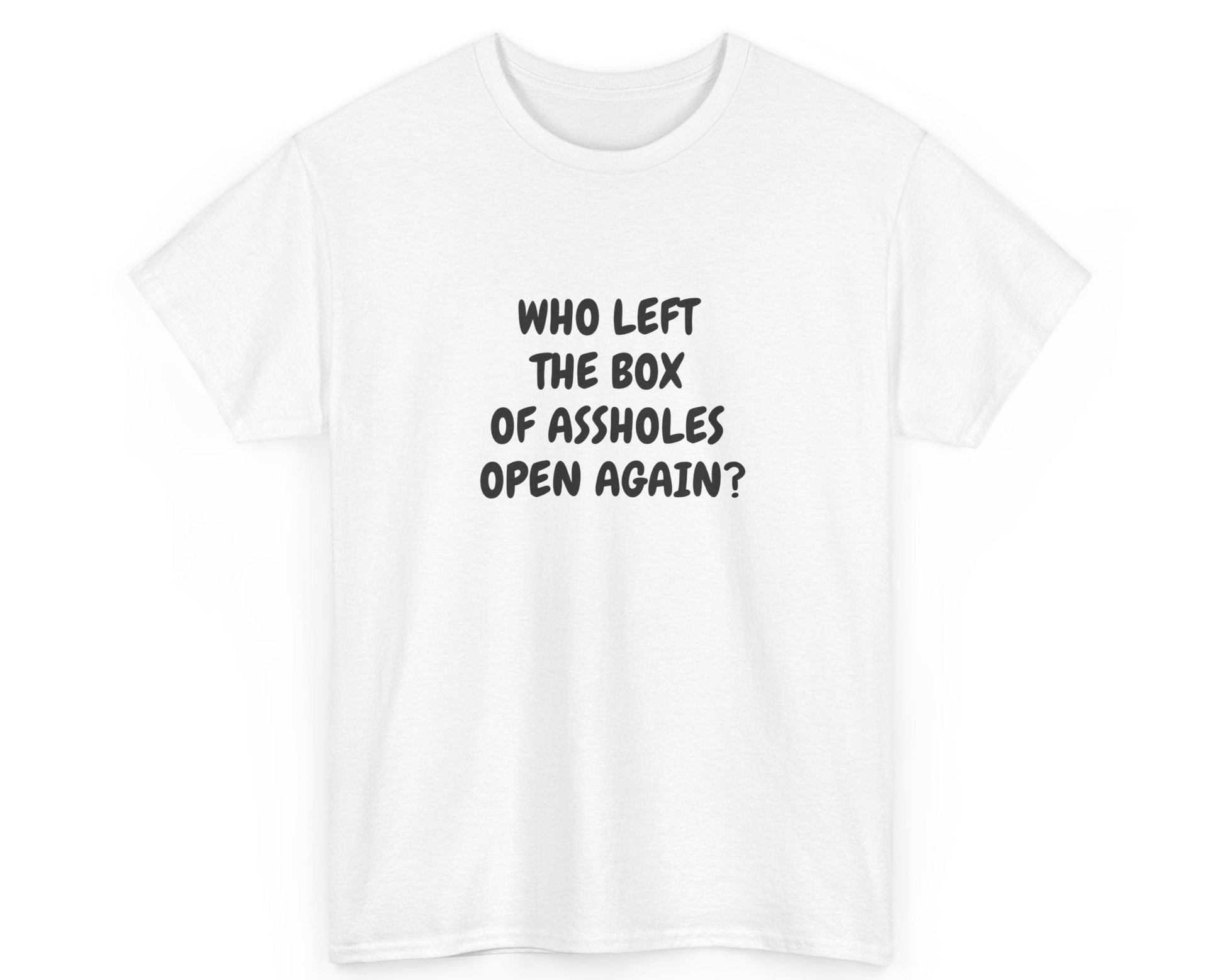 White t-shirt with black text on a white background