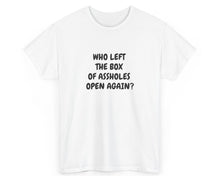 White t-shirt with black text on a white background