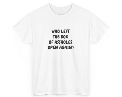 White t-shirt with black text on a white background