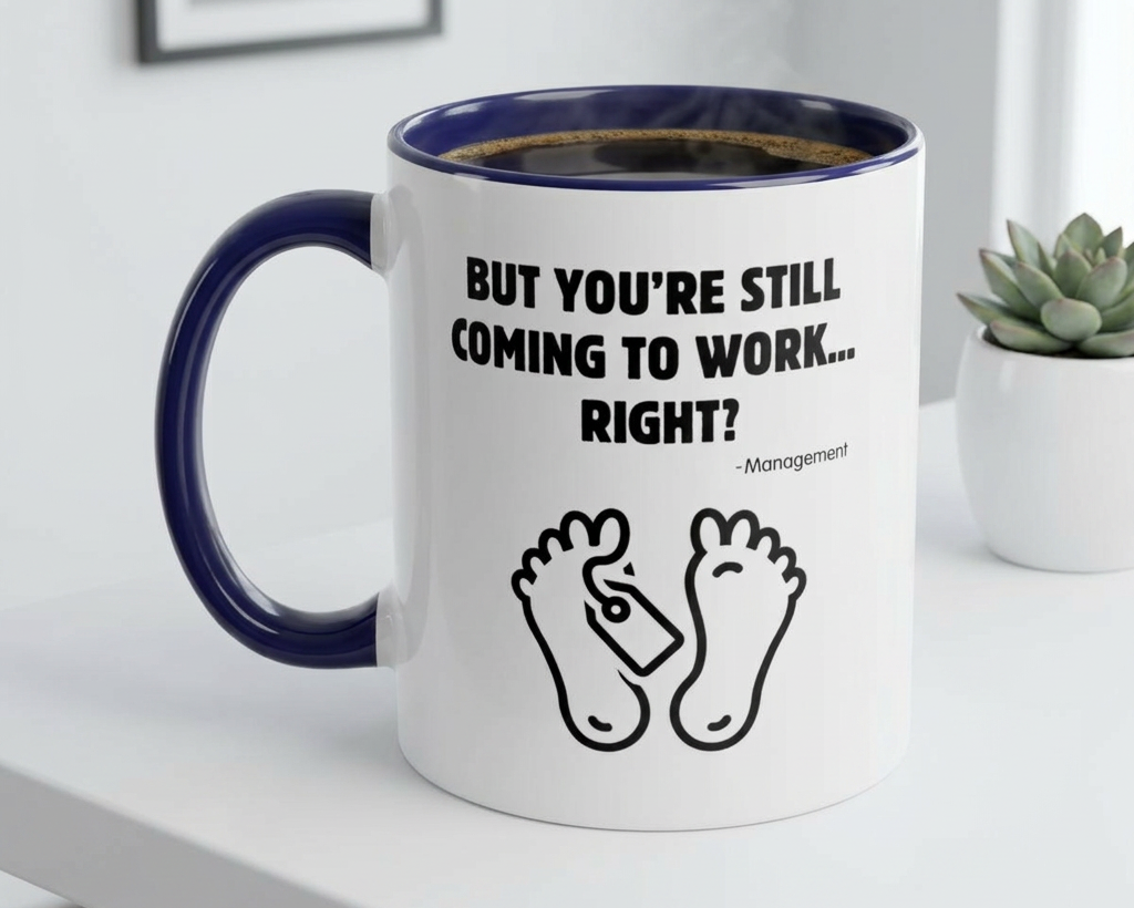 Mug with humorous text and foot illustrations on a white surface.