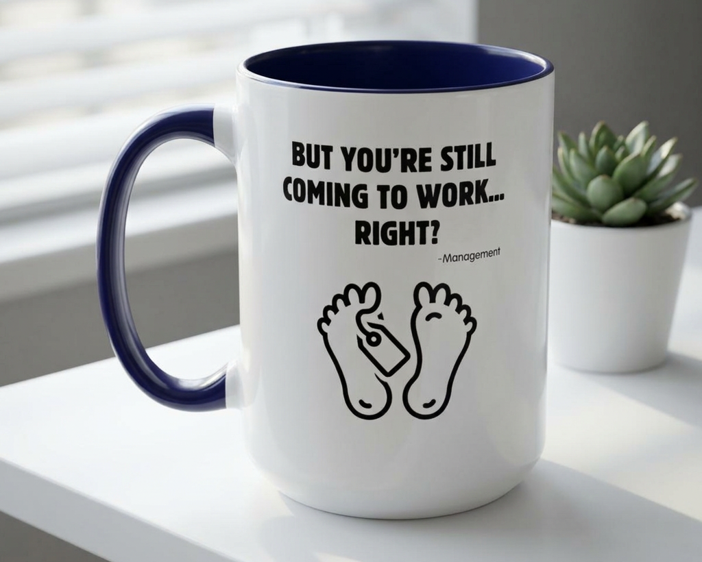 White mug with blue interior and handle, featuring a humorous design and text on a white surface.