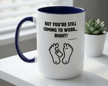 White mug with blue interior and handle, featuring a humorous design and text on a white surface.