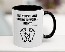 Mug with humorous text and foot illustrations on a blurred background