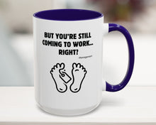Mug with humorous text and foot illustrations on a blurred background